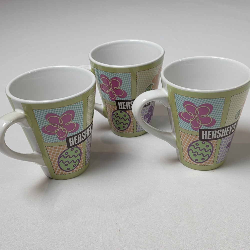 Hershey's Easter Coffee Mugs Set of 3 Pastel Patchwork‎ Floral Egg Bunny 51498